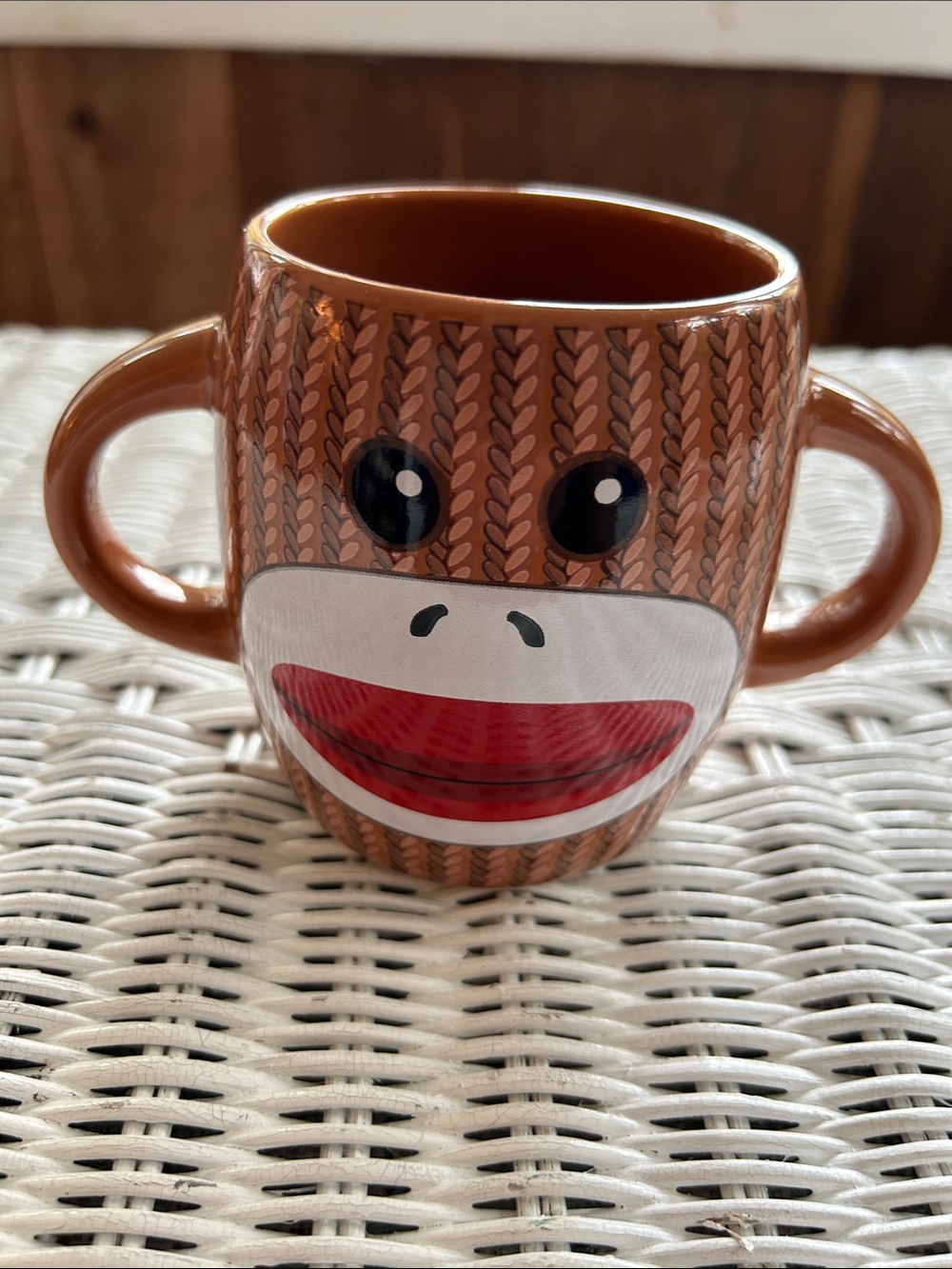 Brown Double-Handle Ceramic Sock Monkey Face Mug